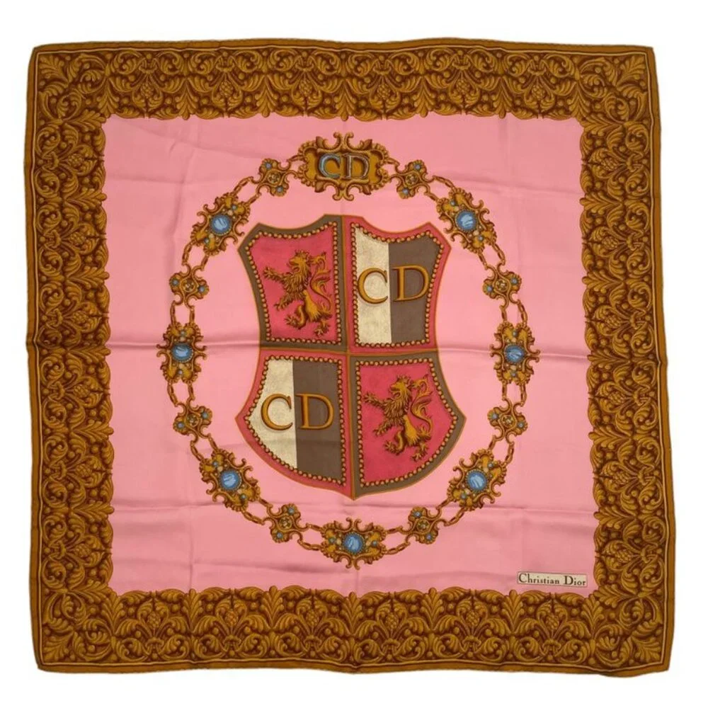 Dior Christian Scarf Silk Logo Emblem Pink Gold